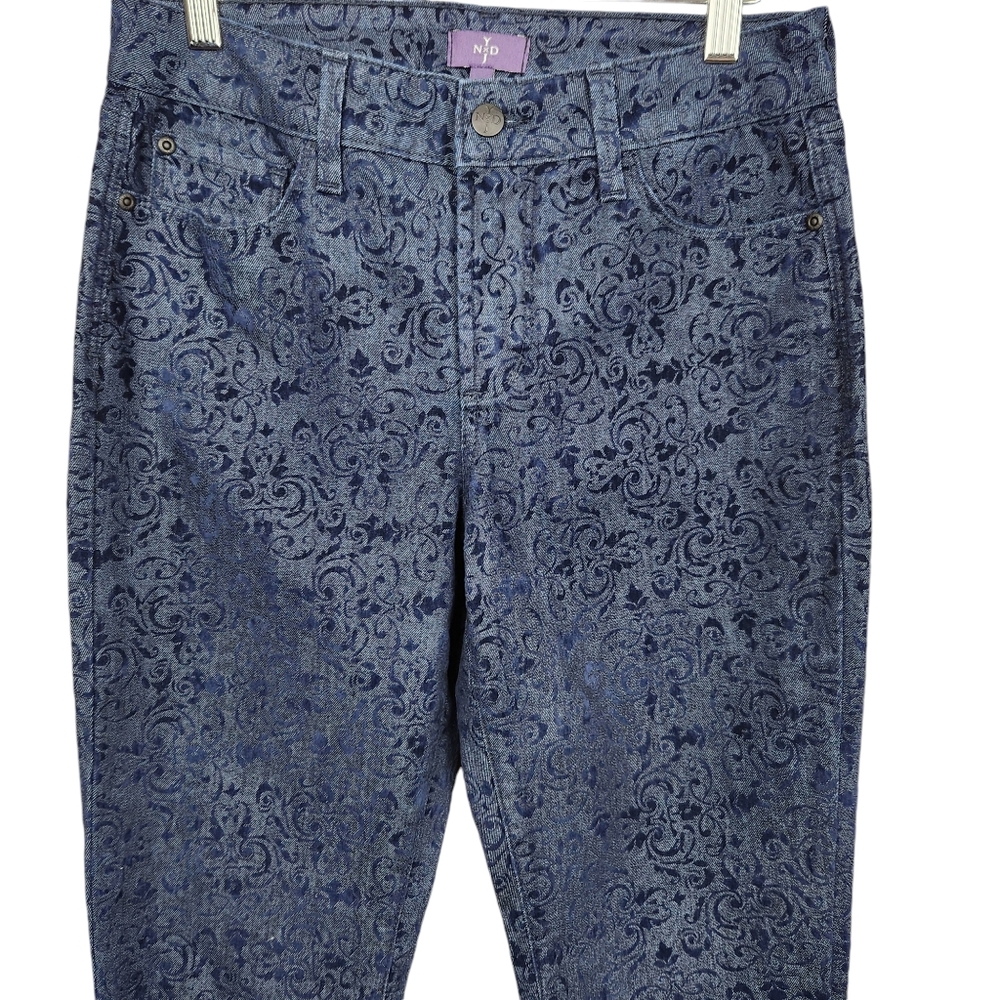 NYDJ Jade Floral Jacquard Brocade Slim Straight Denim Jeans Blue Women's Size 2
